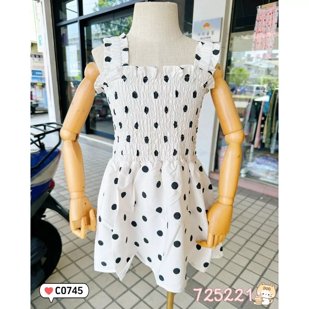 北屯實體店❤現貨波點皺褶洋裝(肩帶偏長)✩米米童著-C0745