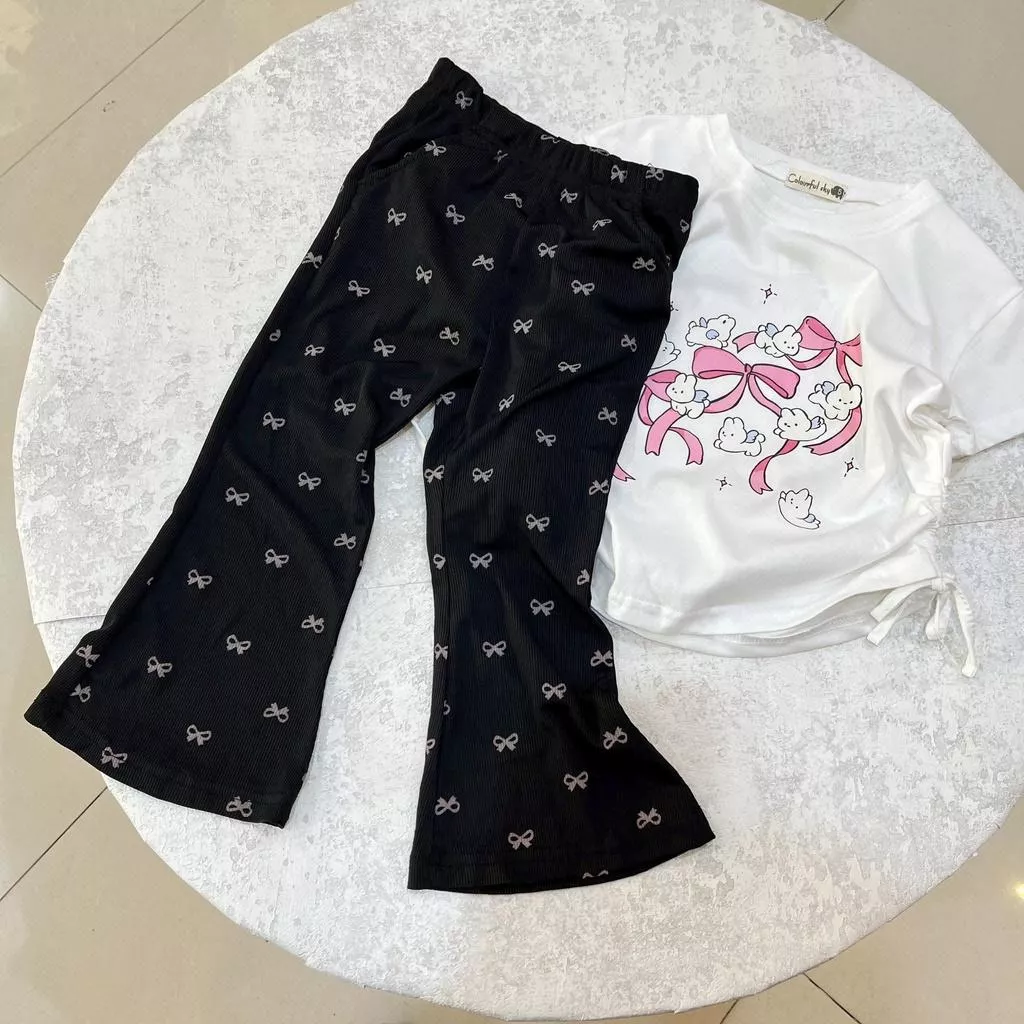 北屯實體店❤現貨兔兔蝴蝶結抽繩上衣+涼感蝴蝶結口袋喇叭褲 套裝✩米米童著-E0229