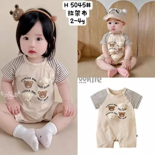 北屯實體店❤現貨寶寶款 立體小熊拼接條紋袖連身衣✩米米童著-E0214