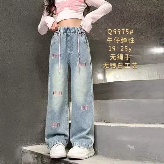 北屯實體店❤現貨大童款 刺繡字母牛仔寬褲 (無褲繩 無刷白)✩米米童著-E0176