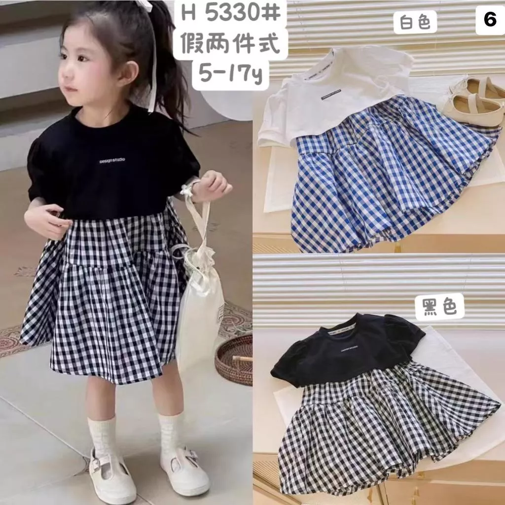 北屯實體店❤現貨拼接藍格子公主袖洋裝✩米米童著-E0343