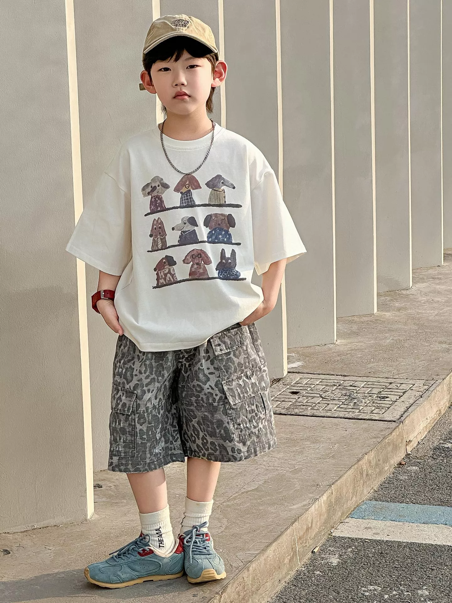 韓版預購 小狗圖案短袖上衣 & 豹紋短褲 （90～150）