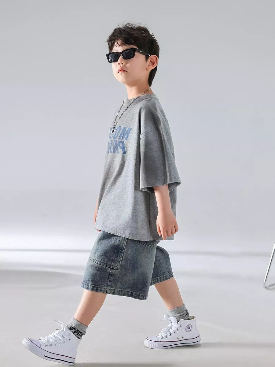 韓版預購 字母破邊短袖上衣 & 牛仔短褲 （90～150）