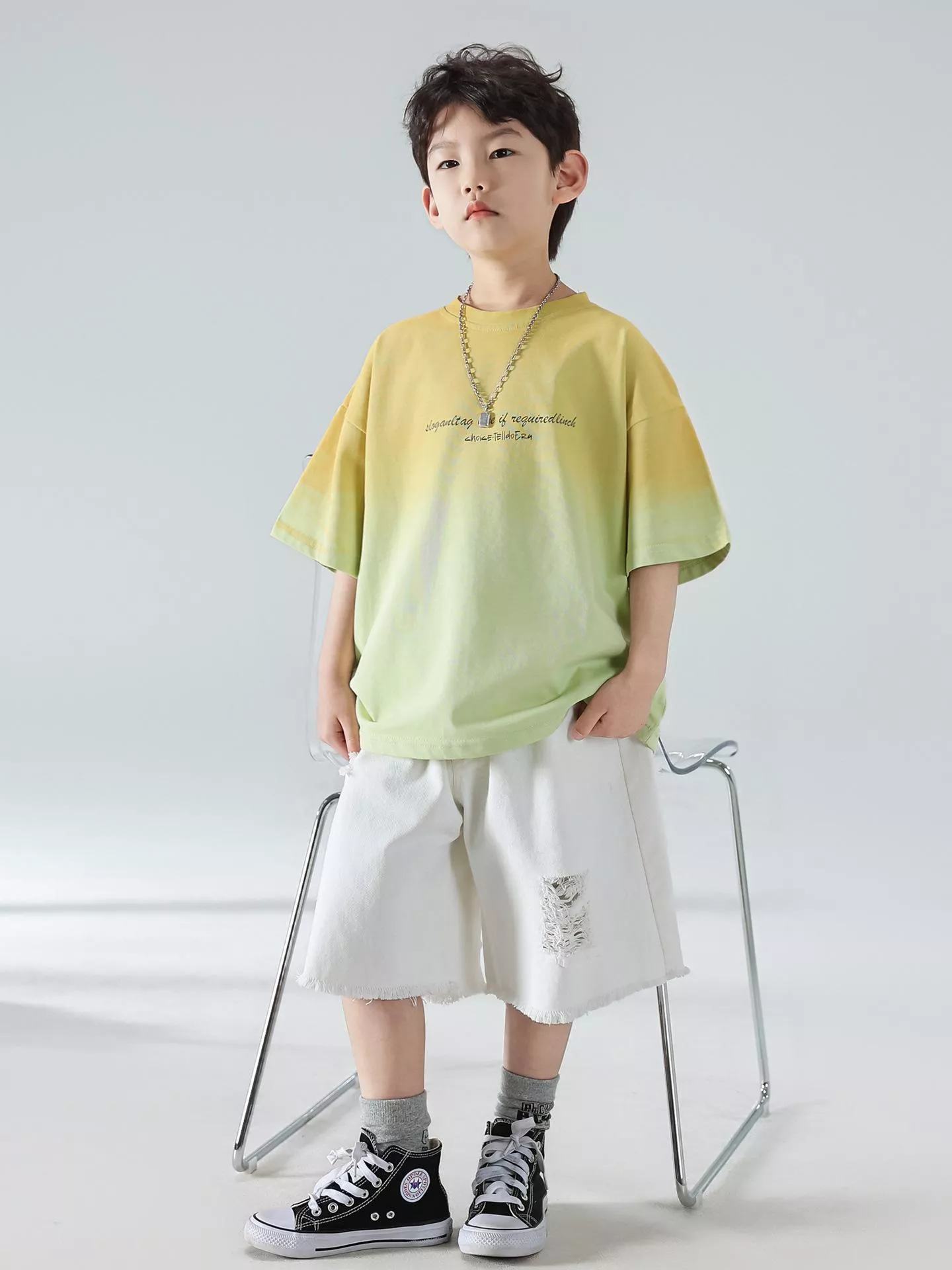 韓版預購 韓版男童 漸層短袖上衣 & 牛仔短褲 （90～150）