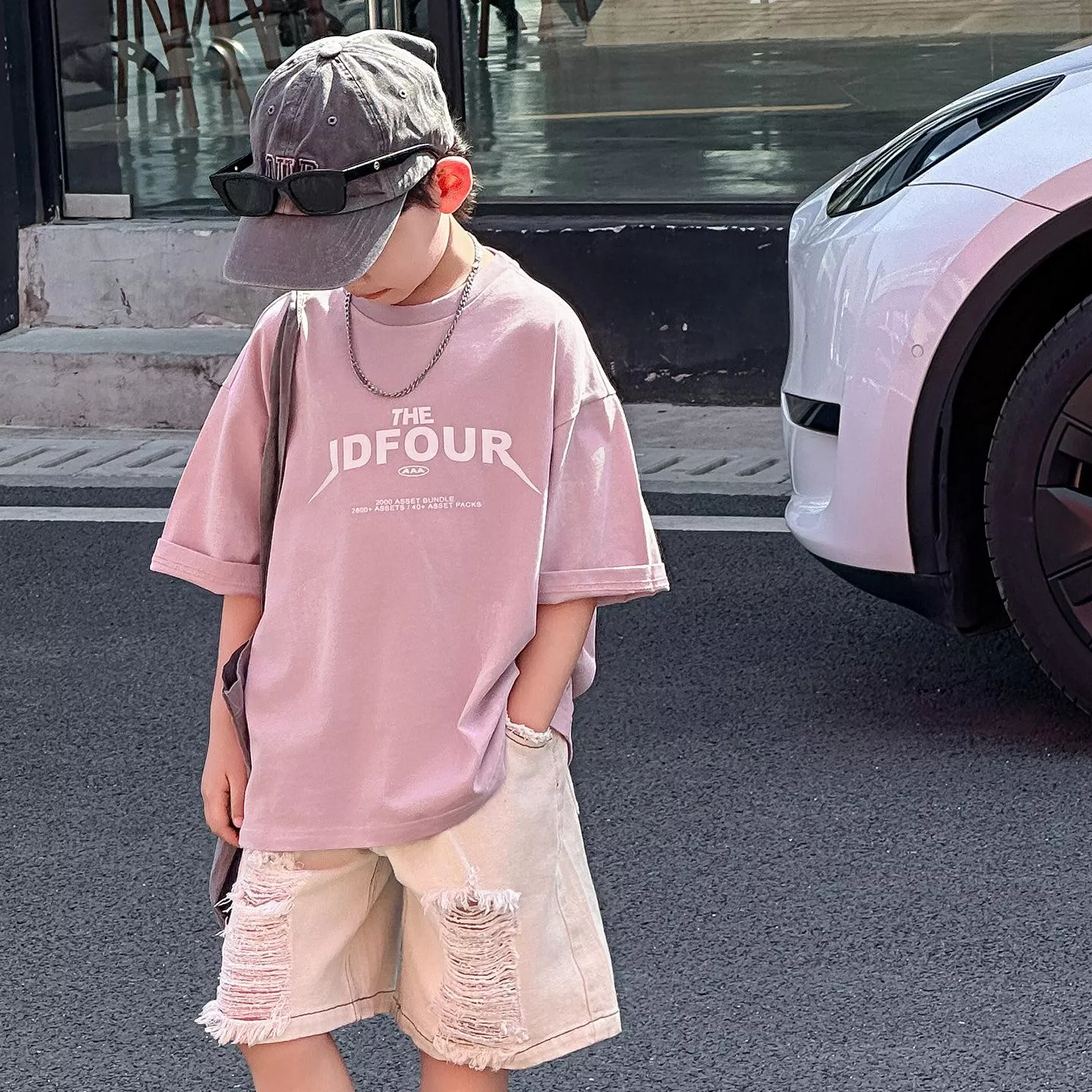 韓版預購 韓版男童 字母短袖上衣 & 牛仔破破短褲 （90～150）