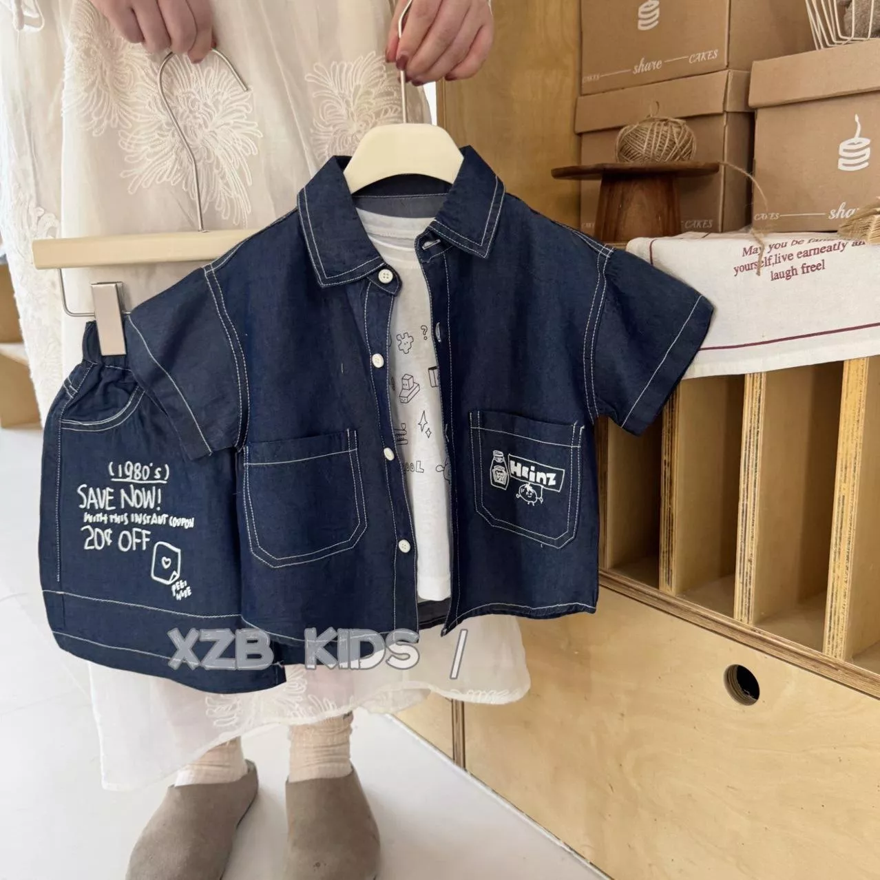 韓版預購 韓版男童 膠印圖案 牛仔襯衫+牛仔短褲 套裝（80～140）