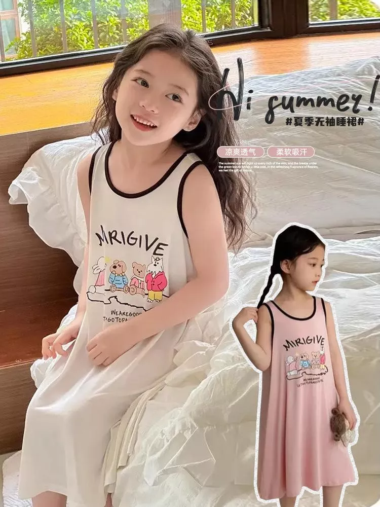 韓版預購  居家無袖字母卡通睡裙（80～170）