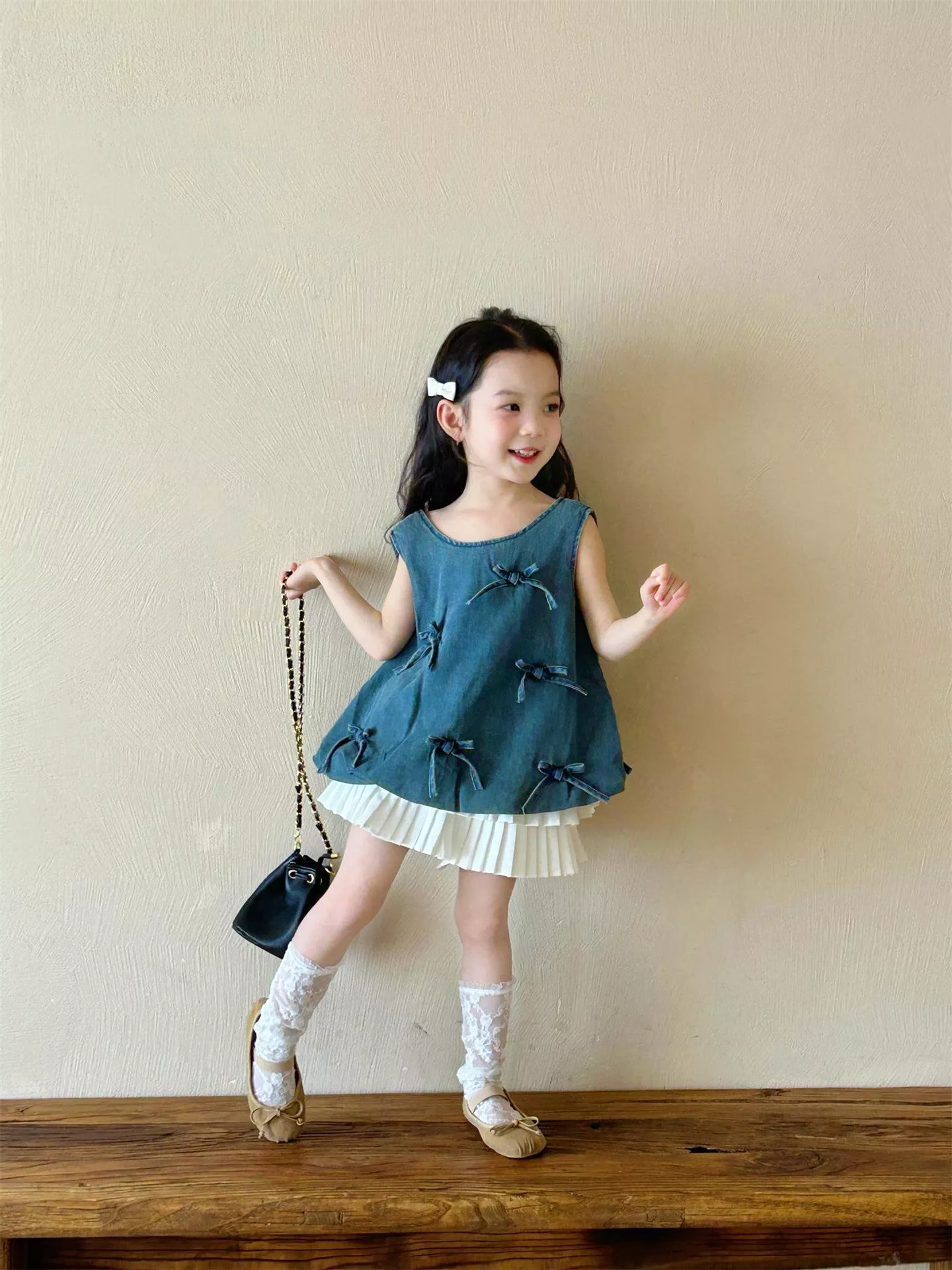 韓版預購  蝴蝶結牛仔背心上衣（90～140）