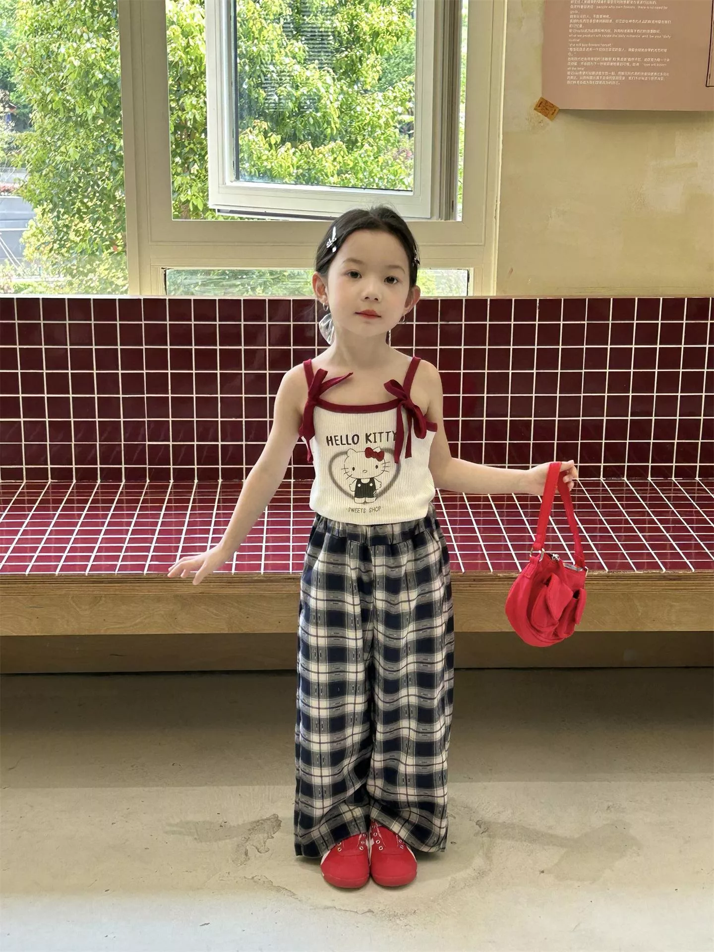 韓版預購  坑條蝴蝶結背心 & 格子寬褲（90～140）
