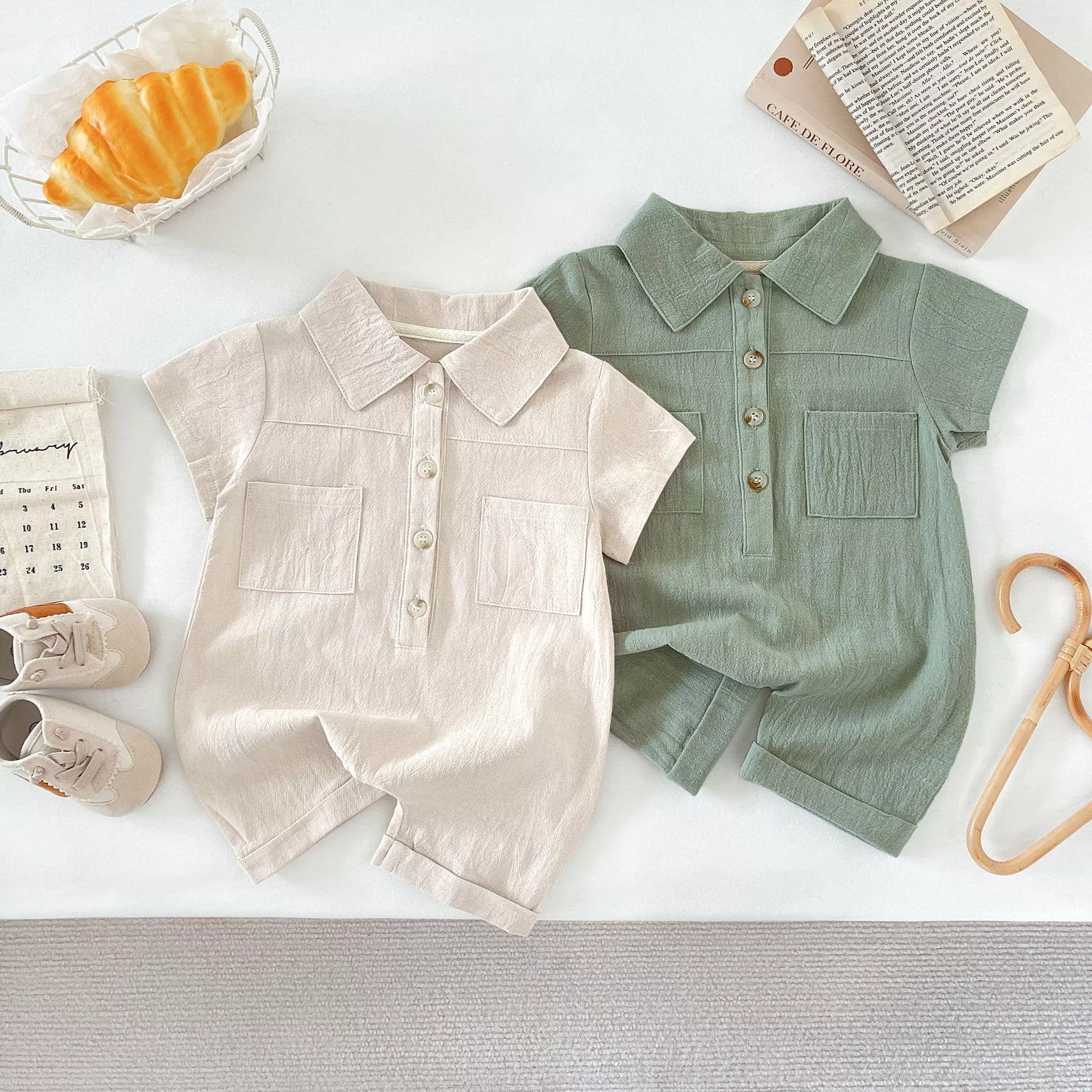 韓版預購 寶寶系列 棉麻素色立領短袖連身衣（66~90）