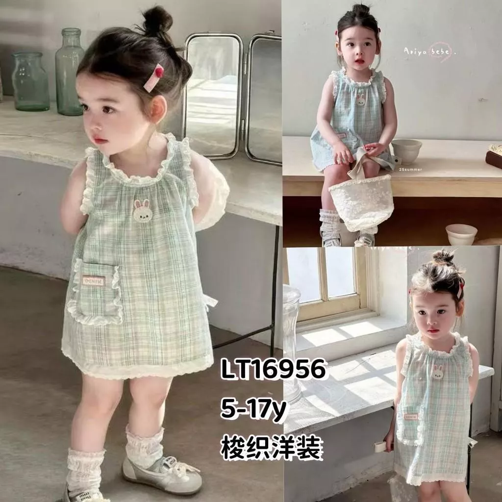 北屯實體店❤現貨 格子兔花邊無袖洋裝✩米米童著-E0423