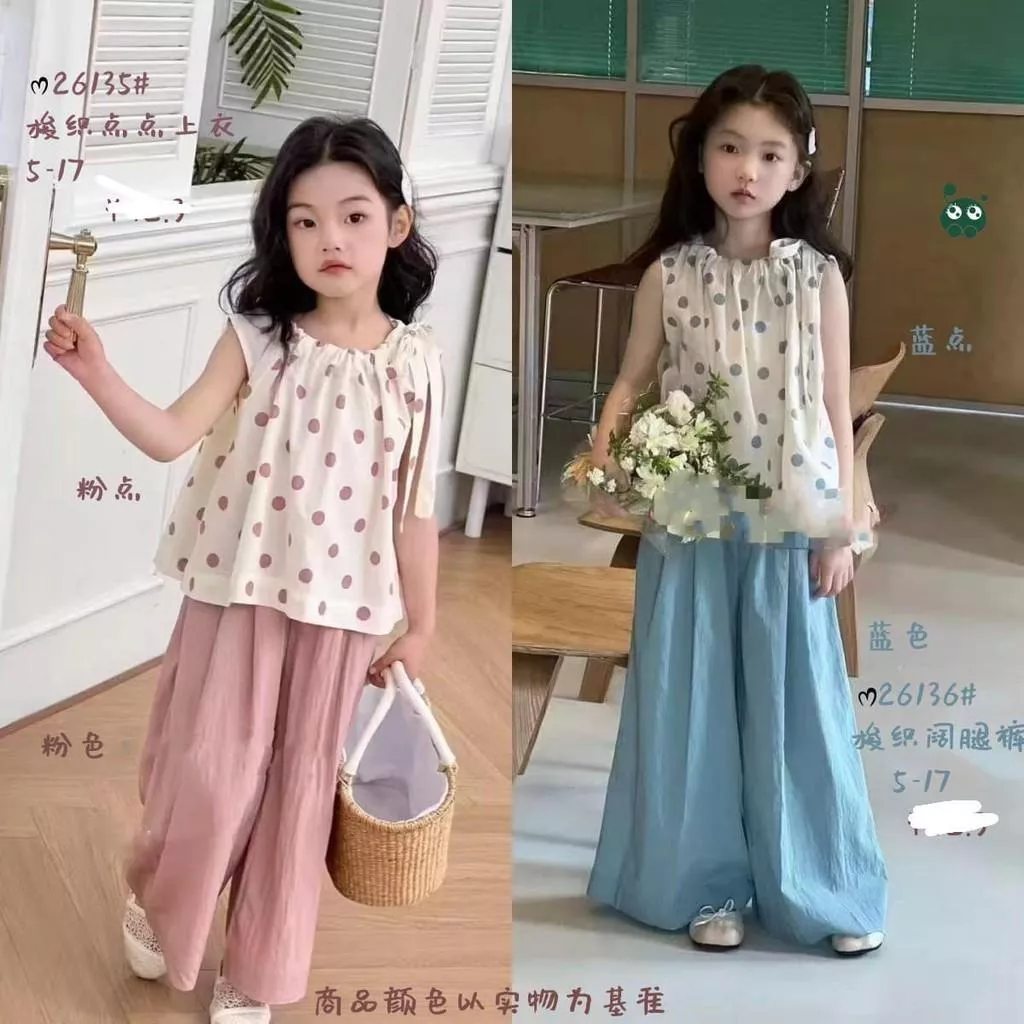 北屯實體店❤現貨 軟棉麻點點上衣+八分寬褲 套裝✩米米童著-E0461