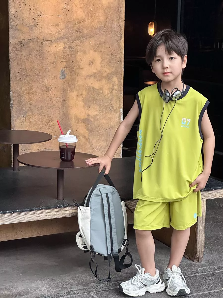 韓版預購 男童 速乾系列 字母撞色背心上衣 + 短褲 套裝 (90~170)