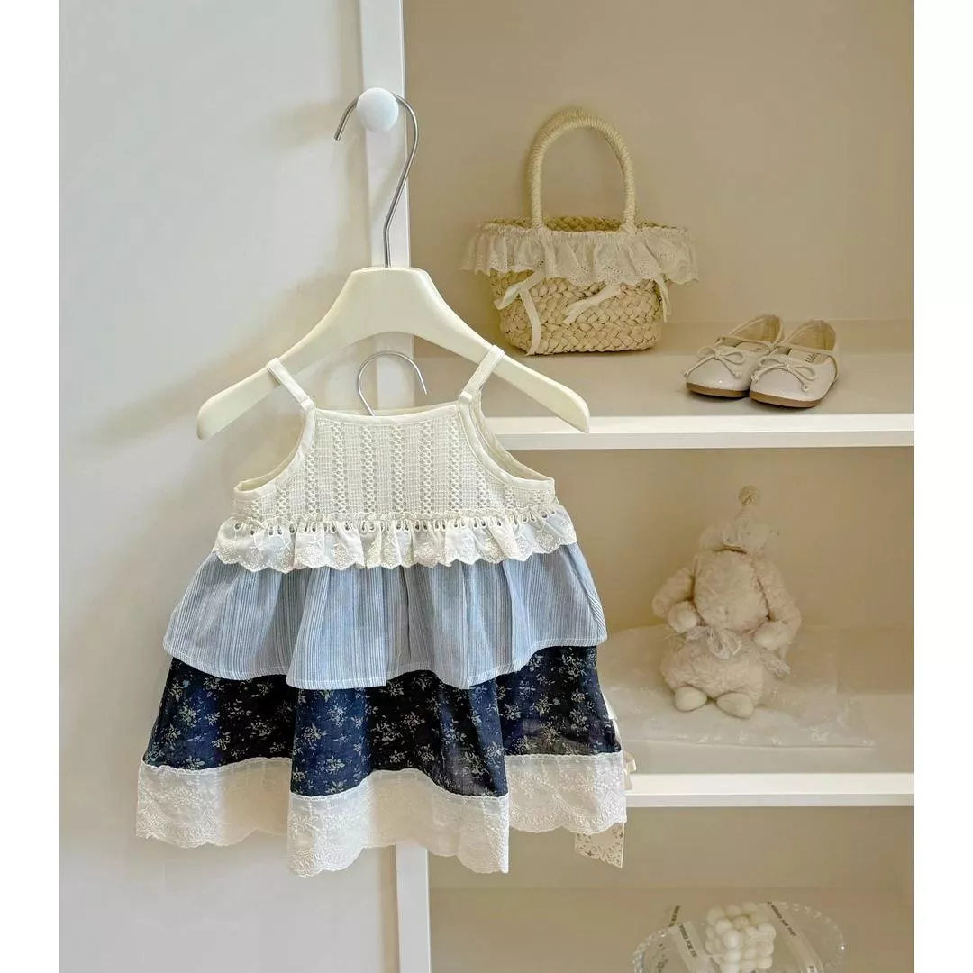 韓版預購 小姊妹款 簍空緹花拼接碎花細肩帶洋裝 (80~140)