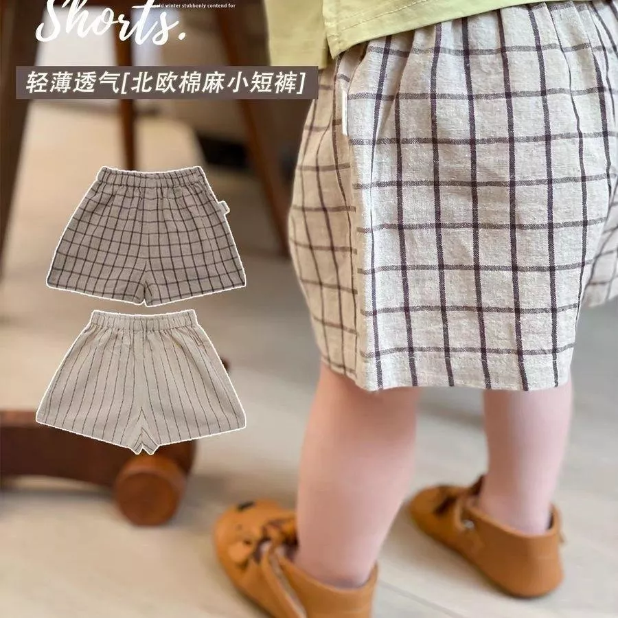 北屯實體店❤現貨 韓版 寶寶款 棉麻格子短褲✩米米童著-E0552