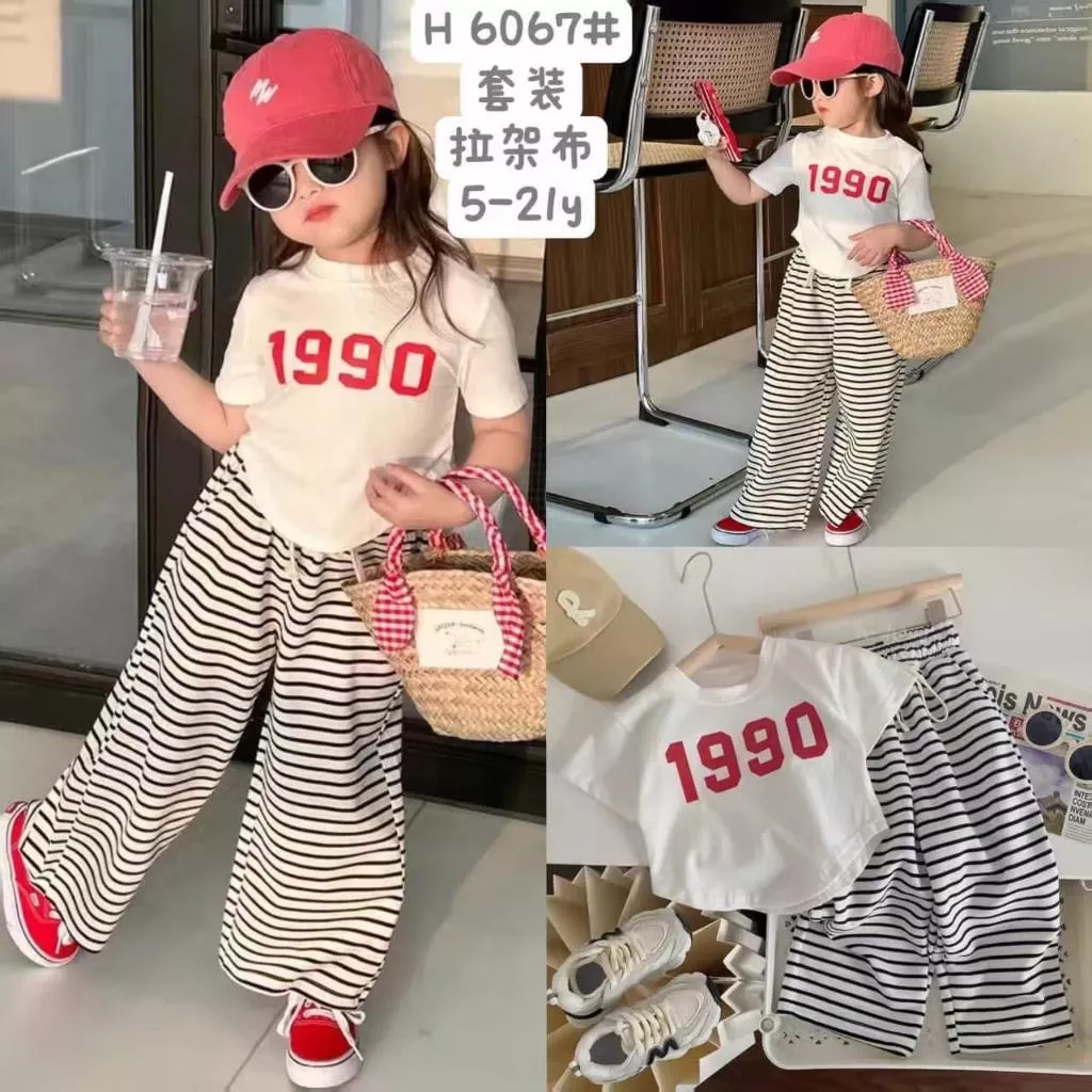 北屯實體店❤現貨 莫代爾數字短版圓弧上衣+條紋寬褲 套裝✩米米童著-E0551