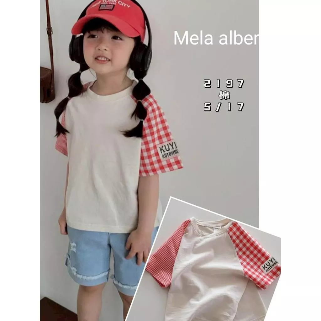 北屯實體店❤現貨 拼接格子莫代爾棉短袖上衣✩米米童著-E0531