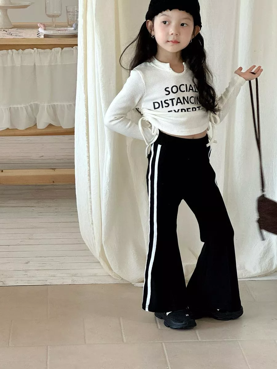 韓版預購 秋款-邊條高腰喇叭褲 (90~150cm)