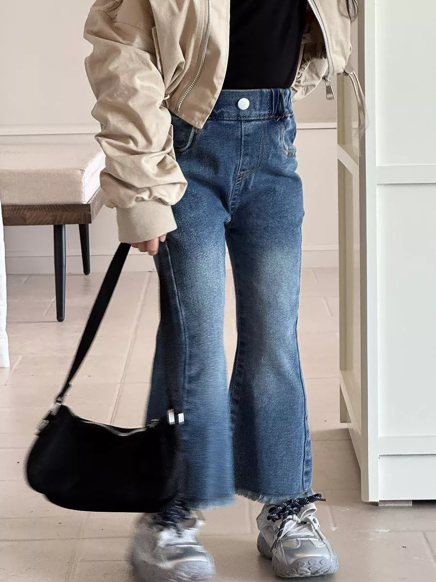 韓版預購 秋款-美式復古刷色鬚邊牛仔喇叭褲 (90~150cm)
