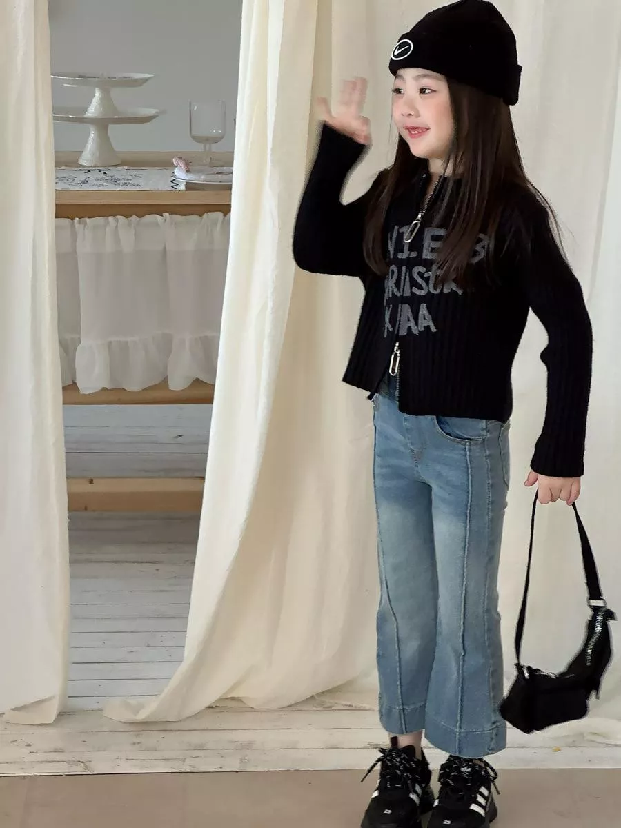 韓版預購 秋款-刷色牛仔微喇叭褲 (90~150cm)