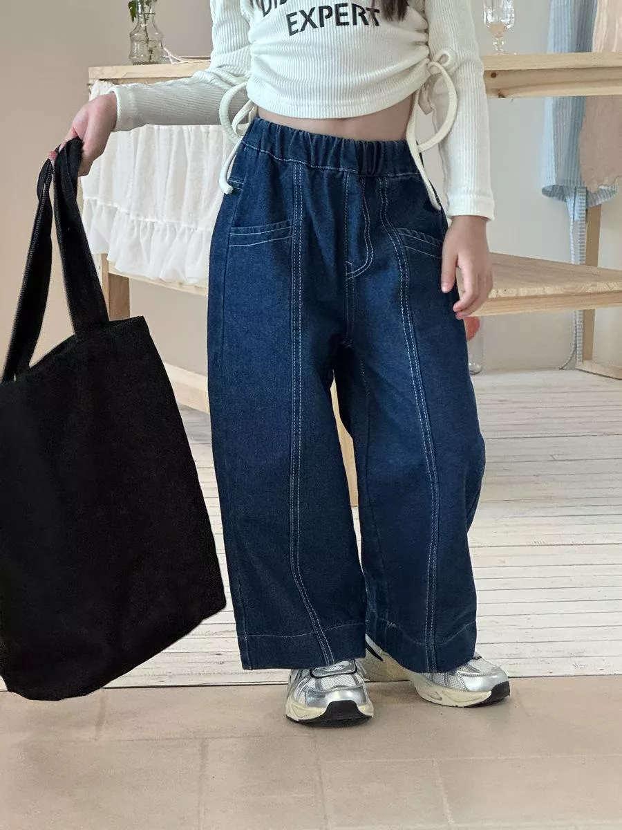 韓版預購 秋款-純色車線牛仔寬褲 (90~150cm)
