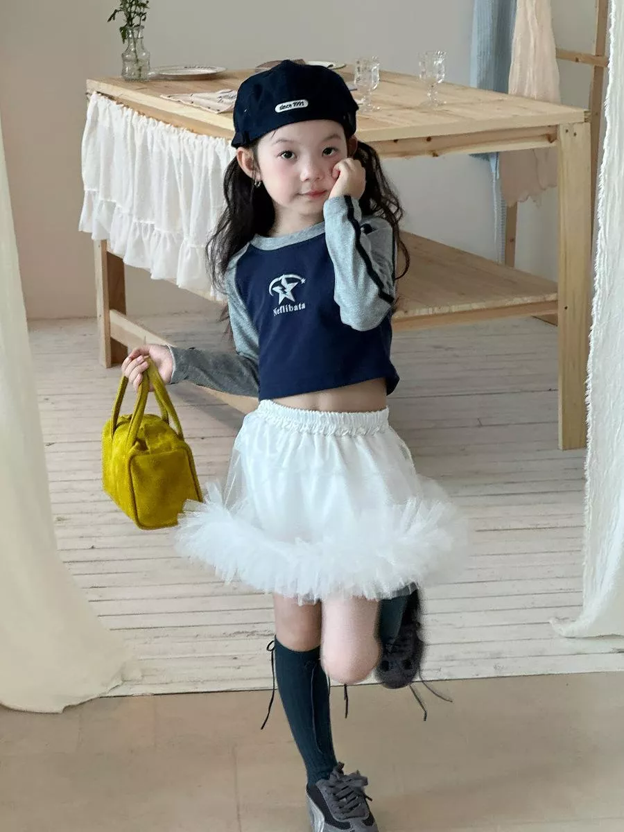 韓版預購 秋款-美式復古接袖短版上衣 (90~150cm)