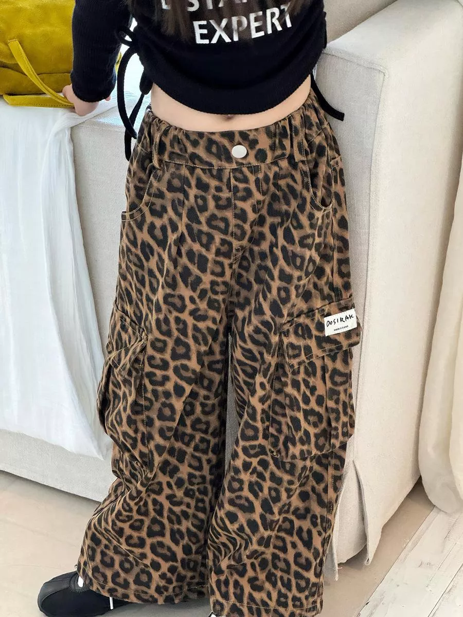 韓版預購 秋款-美式大口袋豹紋休閒寬褲(90~150cm)