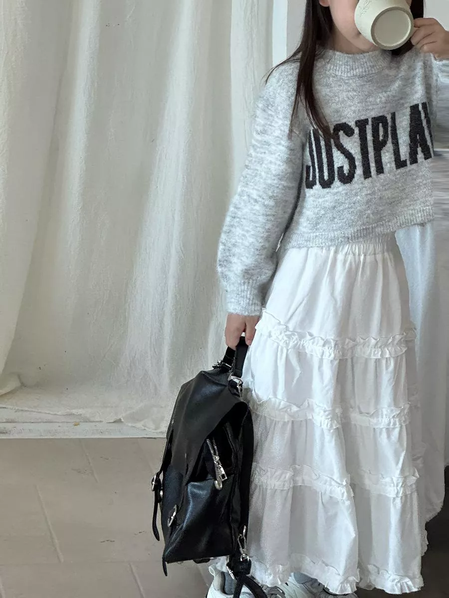 韓版預購 秋款-寬鬆字母短版長袖針織毛衣 (90~150cm)