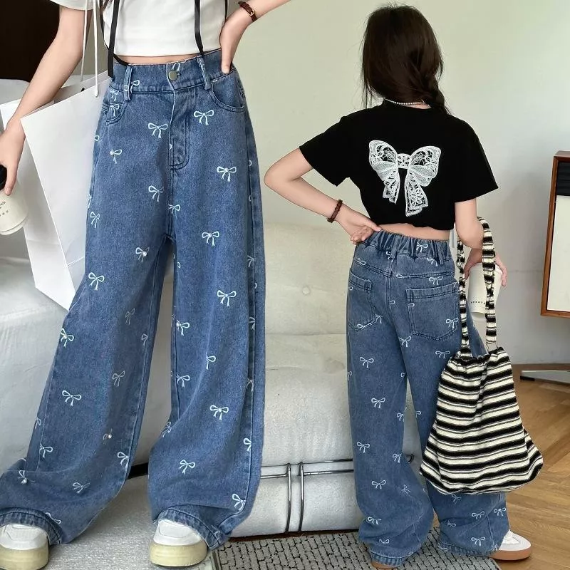 韓版預購 中大童 - 滿印蝴蝶結牛仔寬褲 (120~170cm)
