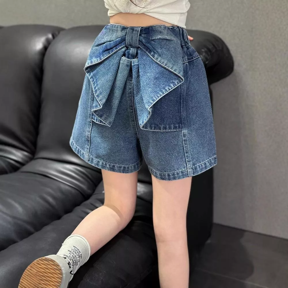 韓版預購 中大童 - 後蝴蝶結造型牛仔短褲 (120~170cm)-版型偏小