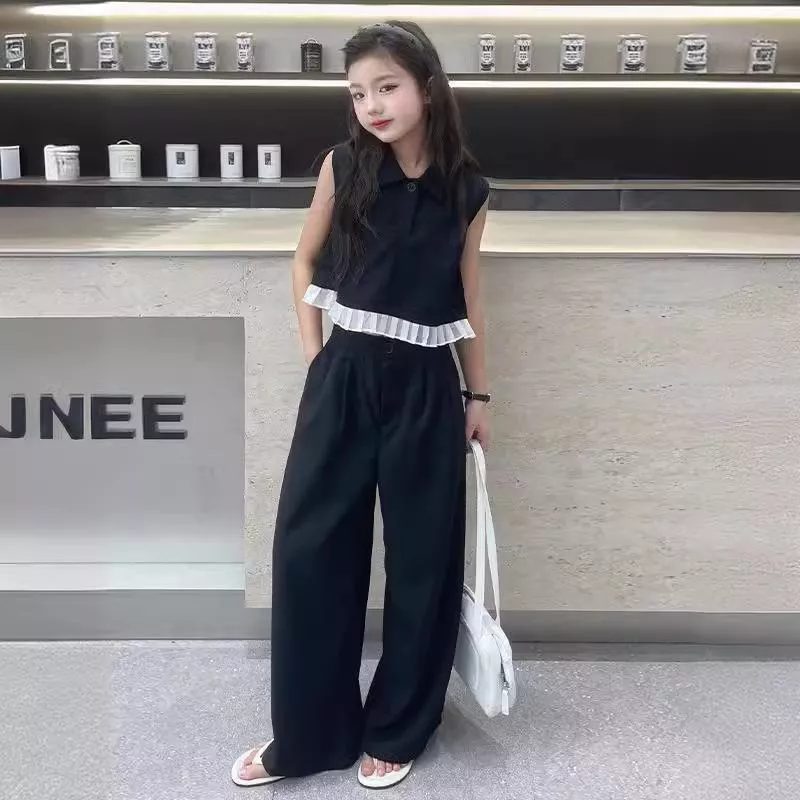 韓版預購 中大童 - 木耳邊西裝寬褲套裝 (120~170cm)-版型偏小