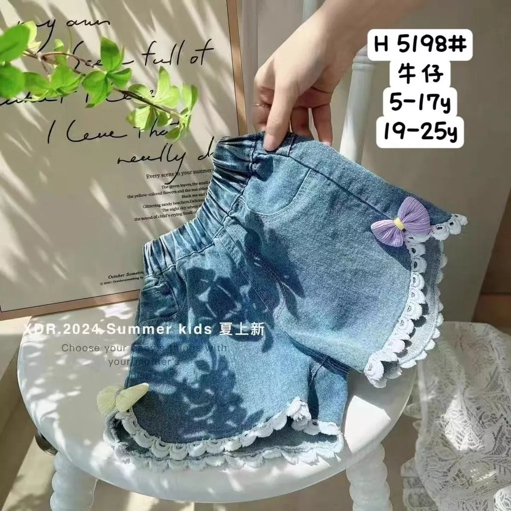 北屯實體店❤現貨 側邊雙色蝴蝶結緹花牛仔短褲✩米米童著-E0618