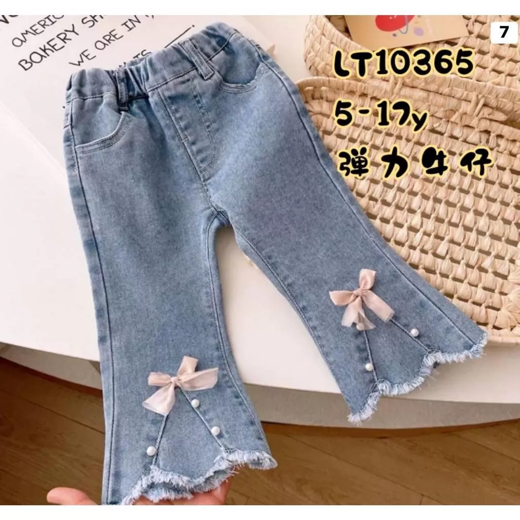 北屯實體店❤現貨 珍珠蝴蝶結牛仔喇叭褲✩米米童著-A0089