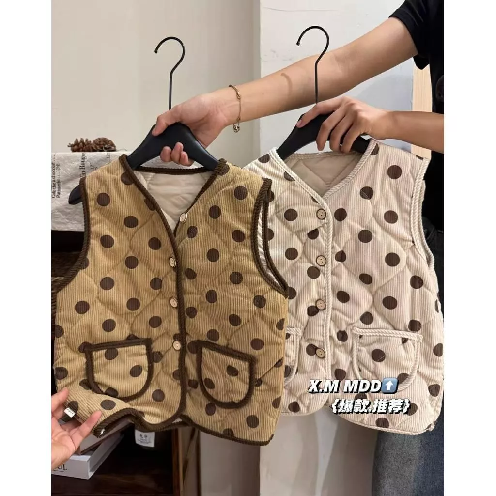 北屯實體店❤現貨 韓版 點點內夾棉雙口袋燈心絨背心✩米米童著-A0165