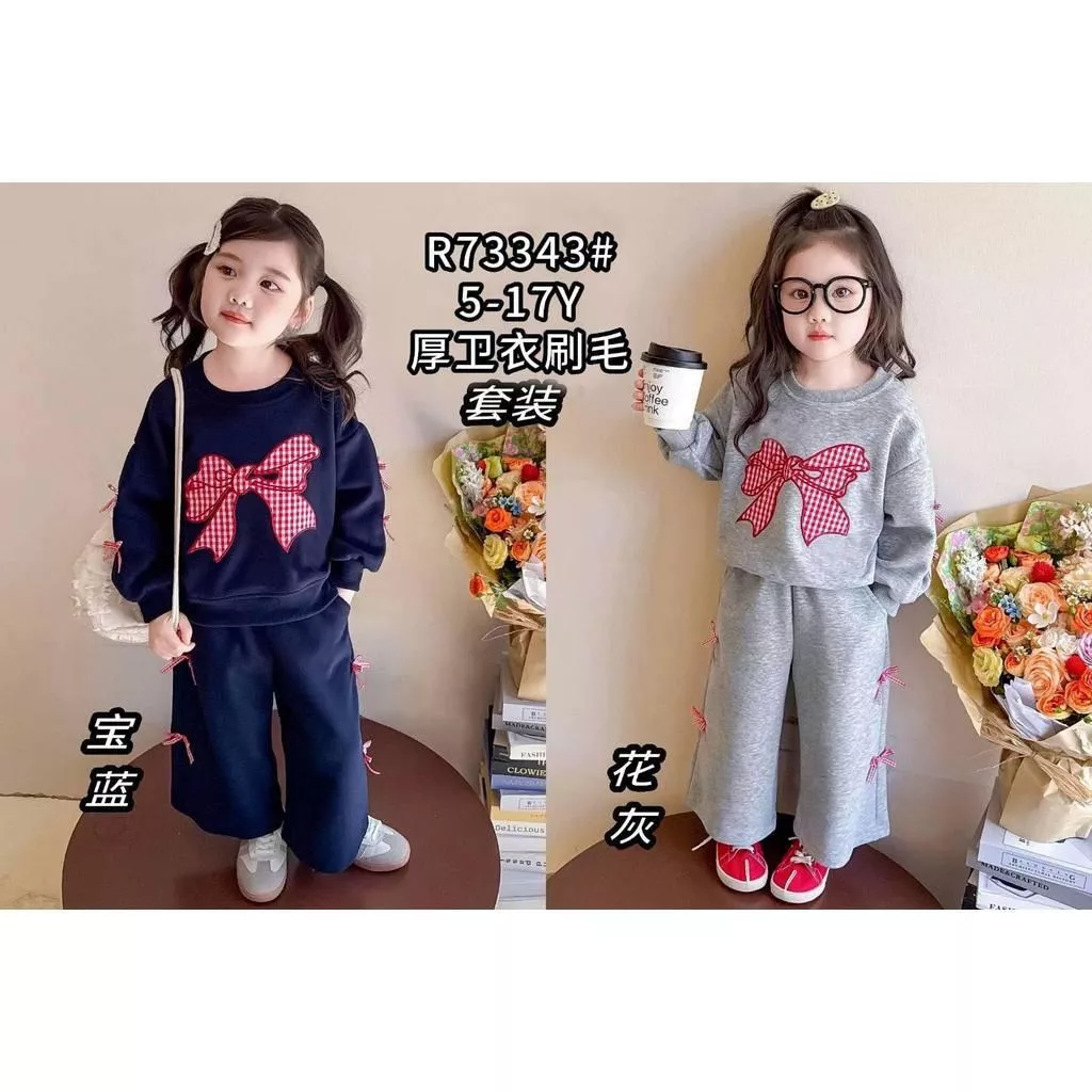 北屯實體店❤現貨 刷毛-厚 格子蝴蝶結長袖大學T+蝴蝶結寬褲✩米米童著-A0129