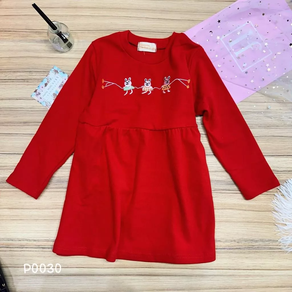 北屯實體店❤現貨 Q彈德絨-兔兔長袖洋裝✩米米童著-P0030