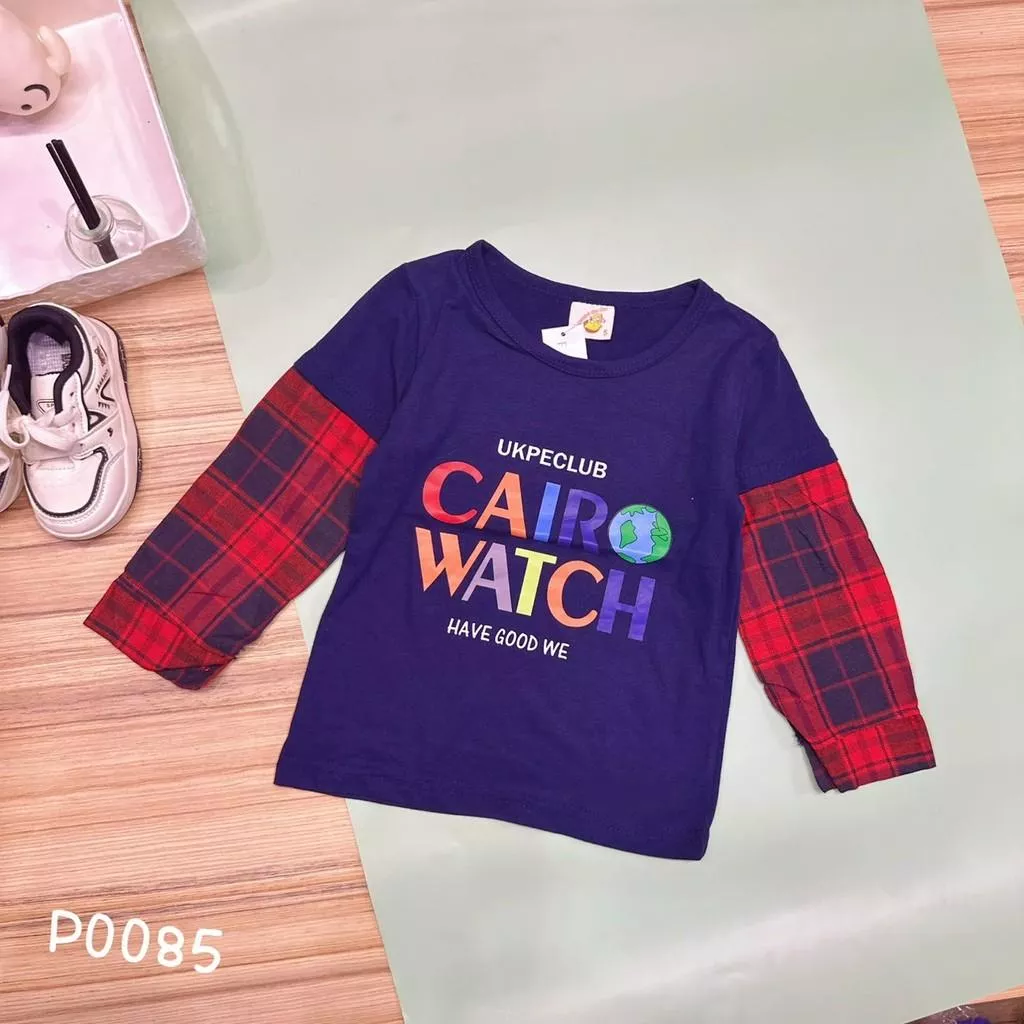 北屯實體店❤現貨 拚接格袖彩色字母圓領長袖上衣✩米米童著-P0085