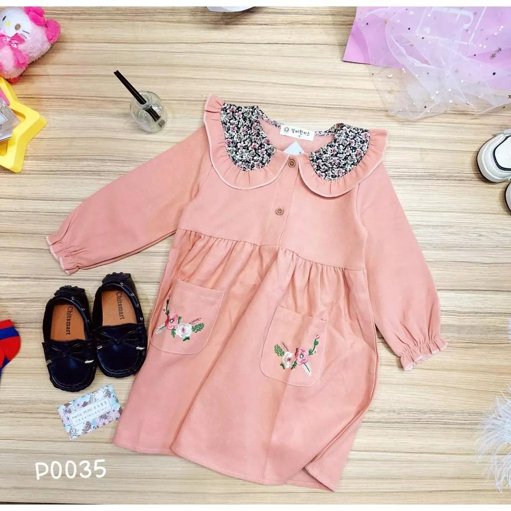 北屯實體店❤現貨 翻領碎花 刺繡長袖洋裝✩米米童著-P0035