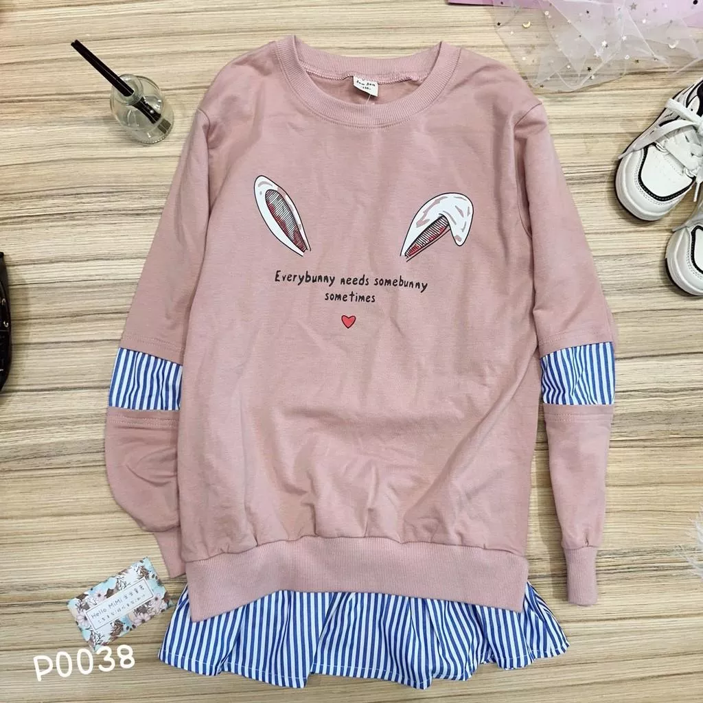 北屯實體店❤現貨 大童 薄款兔兔拼接下襬上衣✩米米童著-P0038