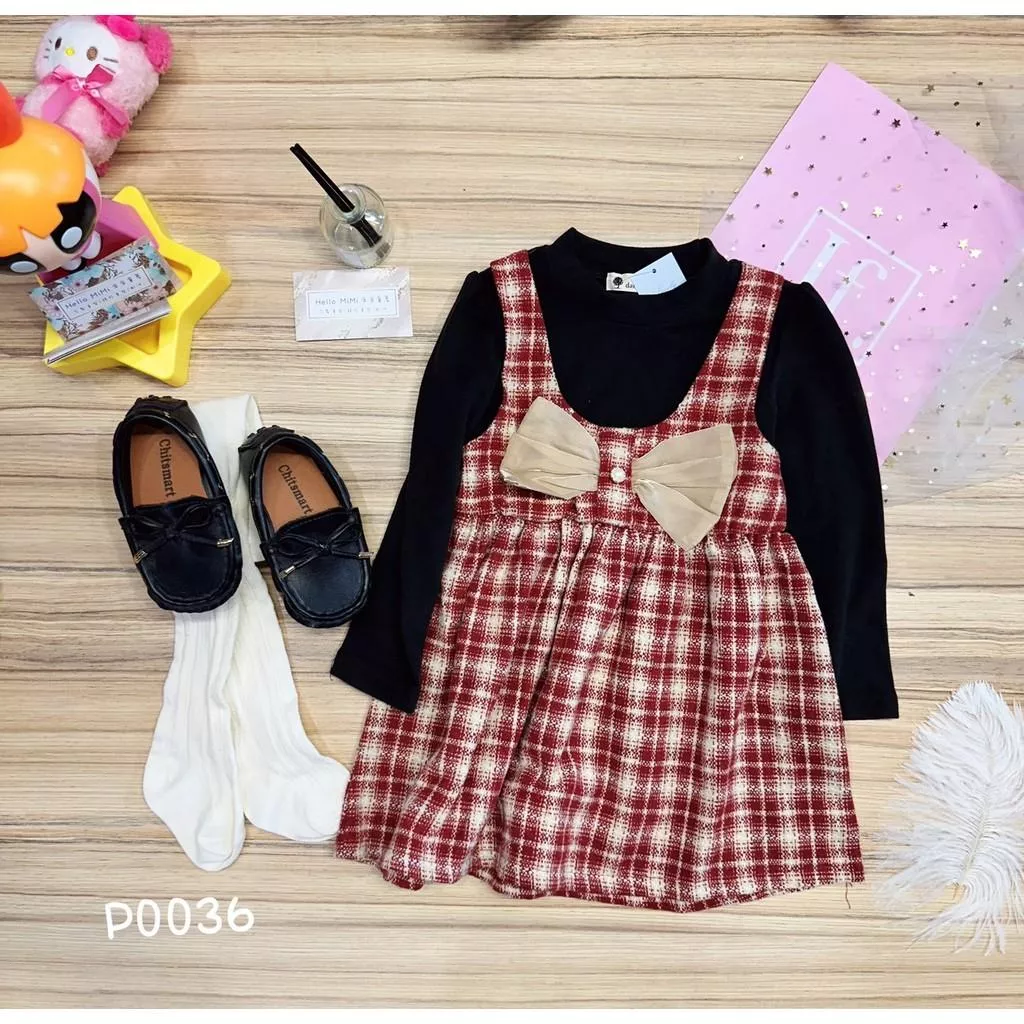 北屯實體店❤現貨 Q彈德絨-假兩件式格紋洋裝✩米米童著-P0036