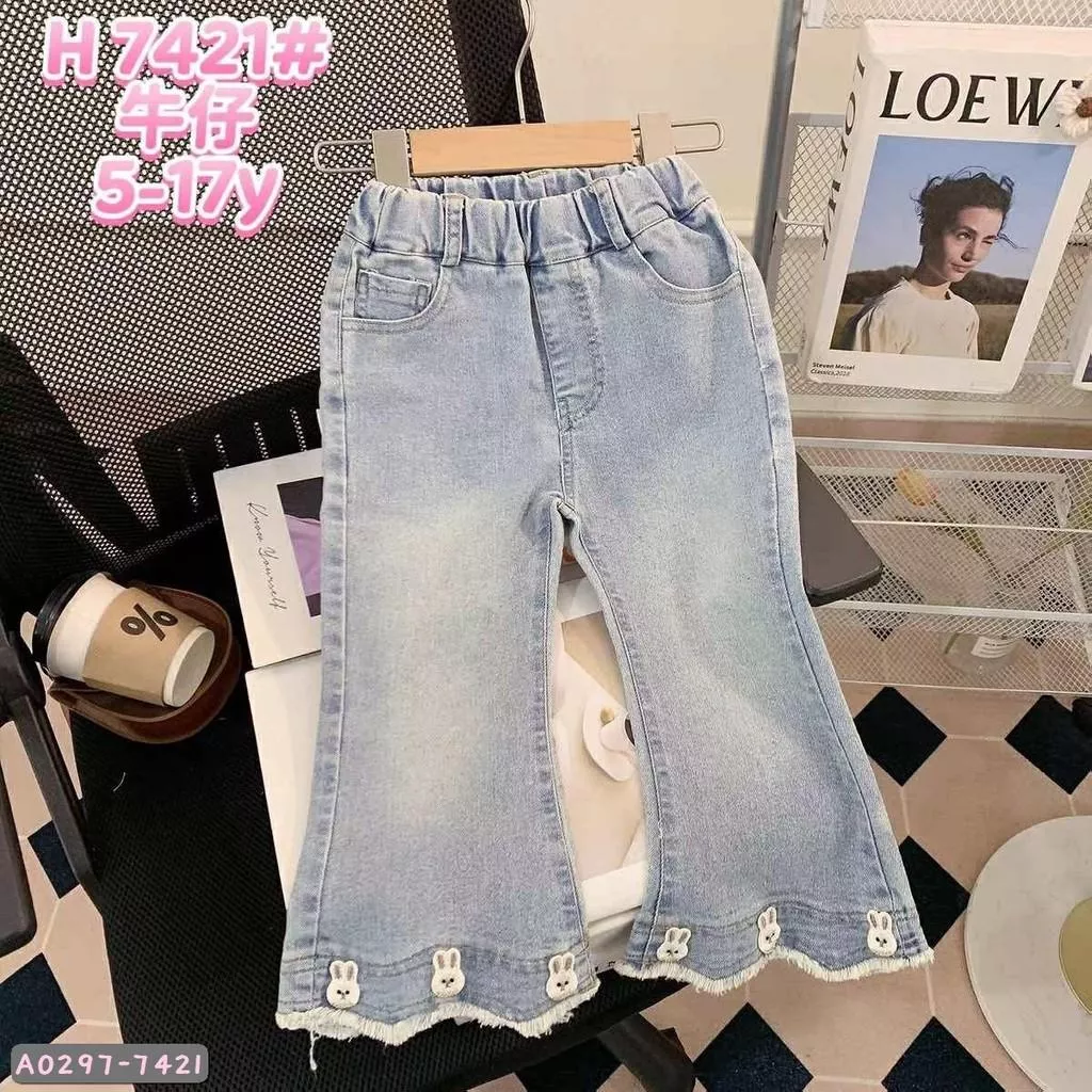 北屯實體店❤現貨 兔兔花邊牛仔喇叭褲✩米米童著-A0297