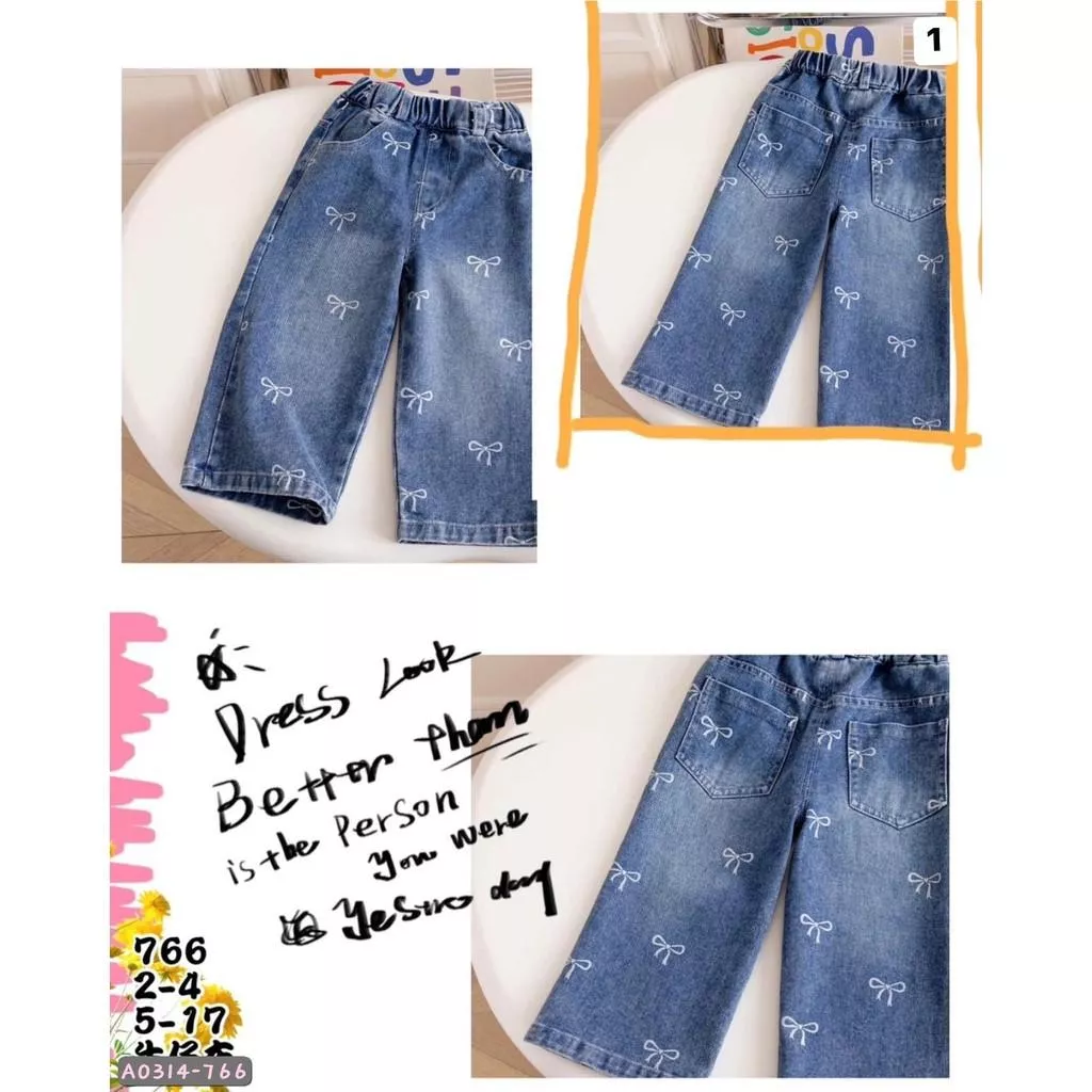 北屯實體店❤現貨 滿版蝴蝶結牛仔寬褲(無刷白✩米米童著-A0314