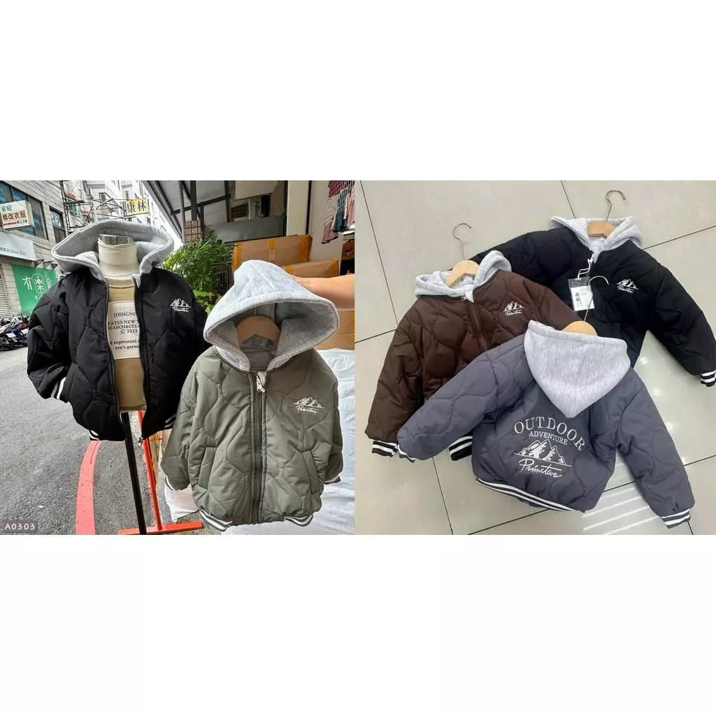 北屯實體店❤現貨 厚-加絨 刺繡壓格紋鋪棉加絨假兩件連帽外套✩米米童著-A0303