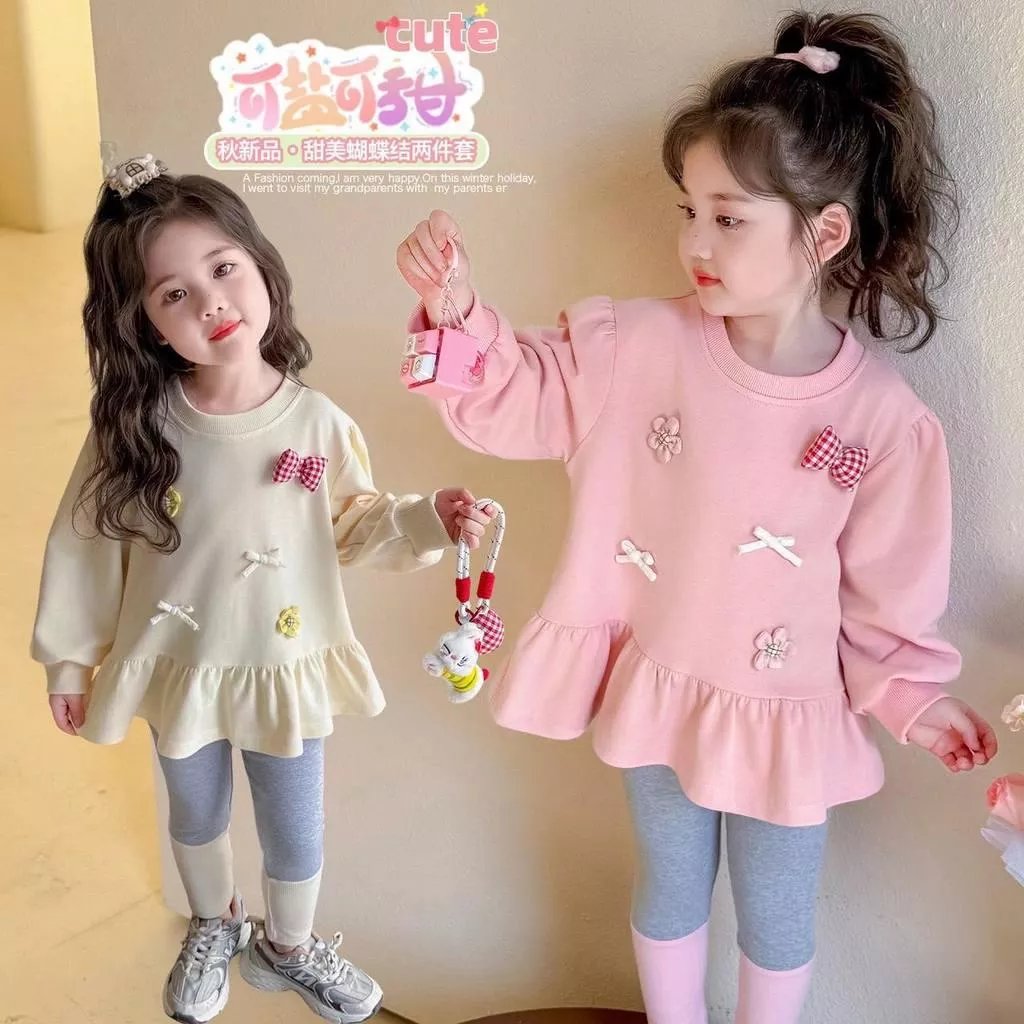 北屯實體店❤現貨 立體小花蝴蝶結長版上衣+內搭褲 套裝✩米米童著-A0233