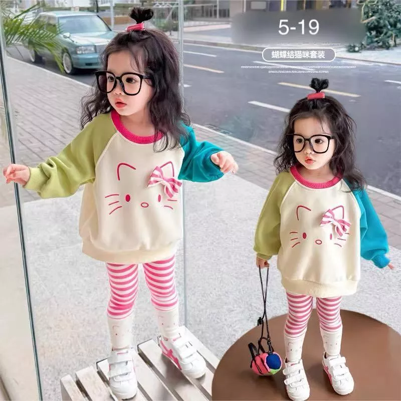 北屯實體店❤現貨 拼接彩袖貓貓上衣+條紋內搭褲 套裝✩米米童著-A0186