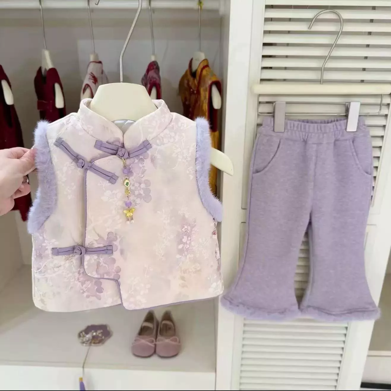 預購 小仙女淡紫中式旗袍暖暖喇叭褲 套裝 (90~140)