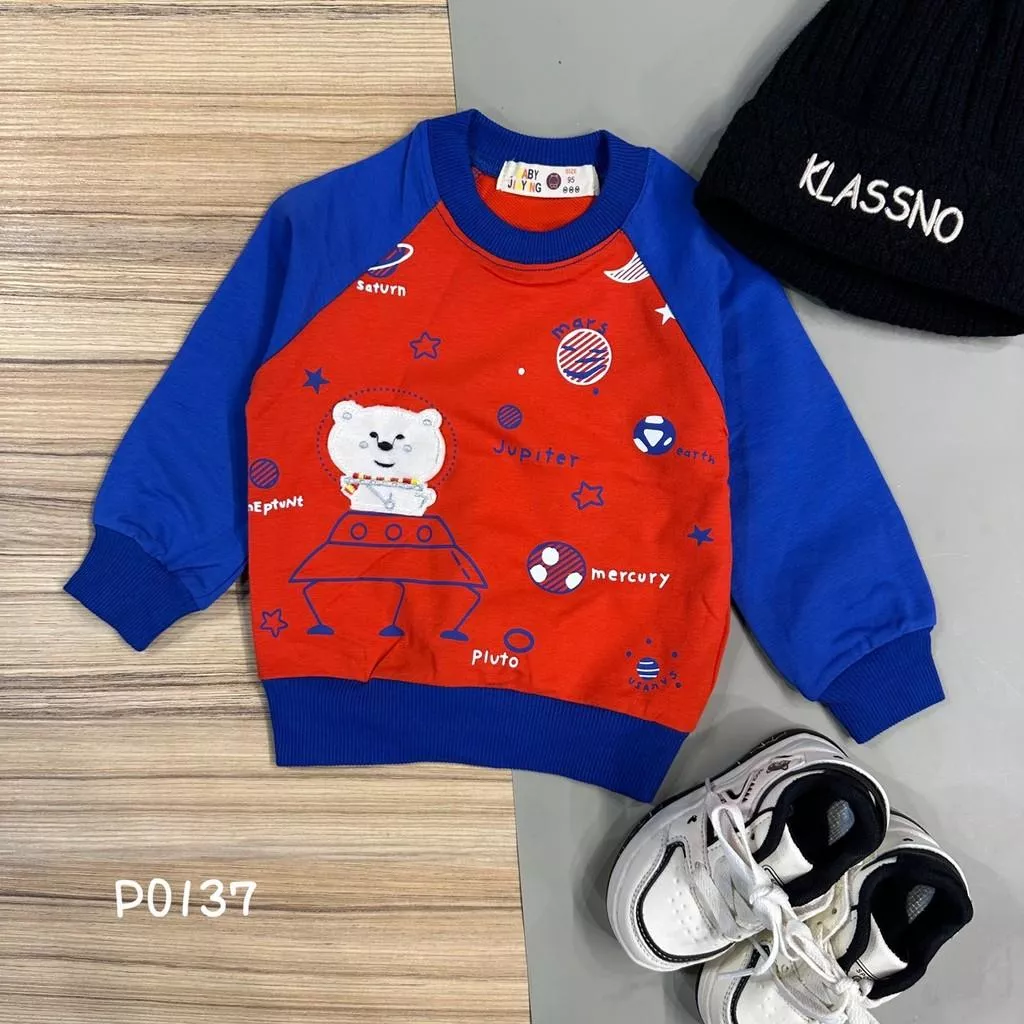 北屯實體店❤現貨 寶寶款 太空毛毛熊拼接袖上衣✩米米童著-P0137