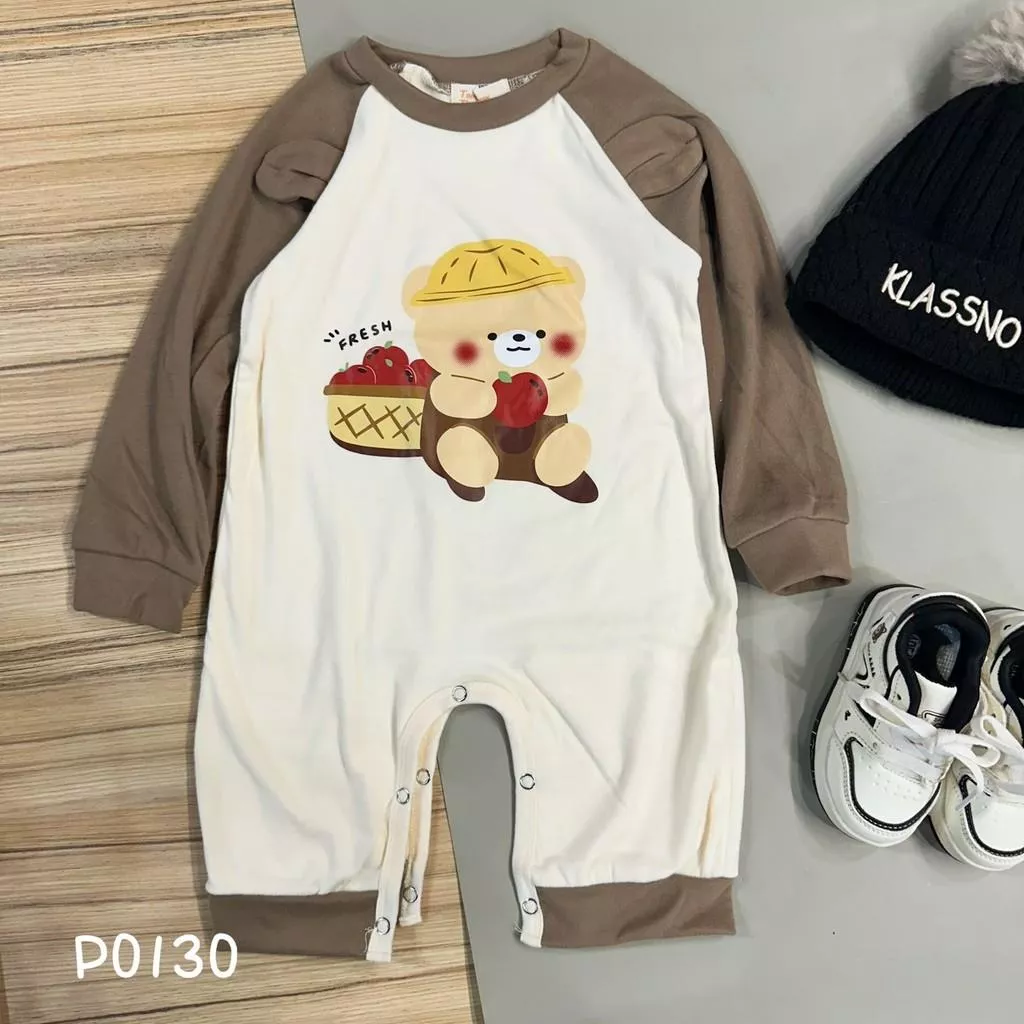 北屯實體店❤現貨 寶寶款 Q彈德絨 拼接袖熊熊連身衣✩米米童著-P0130