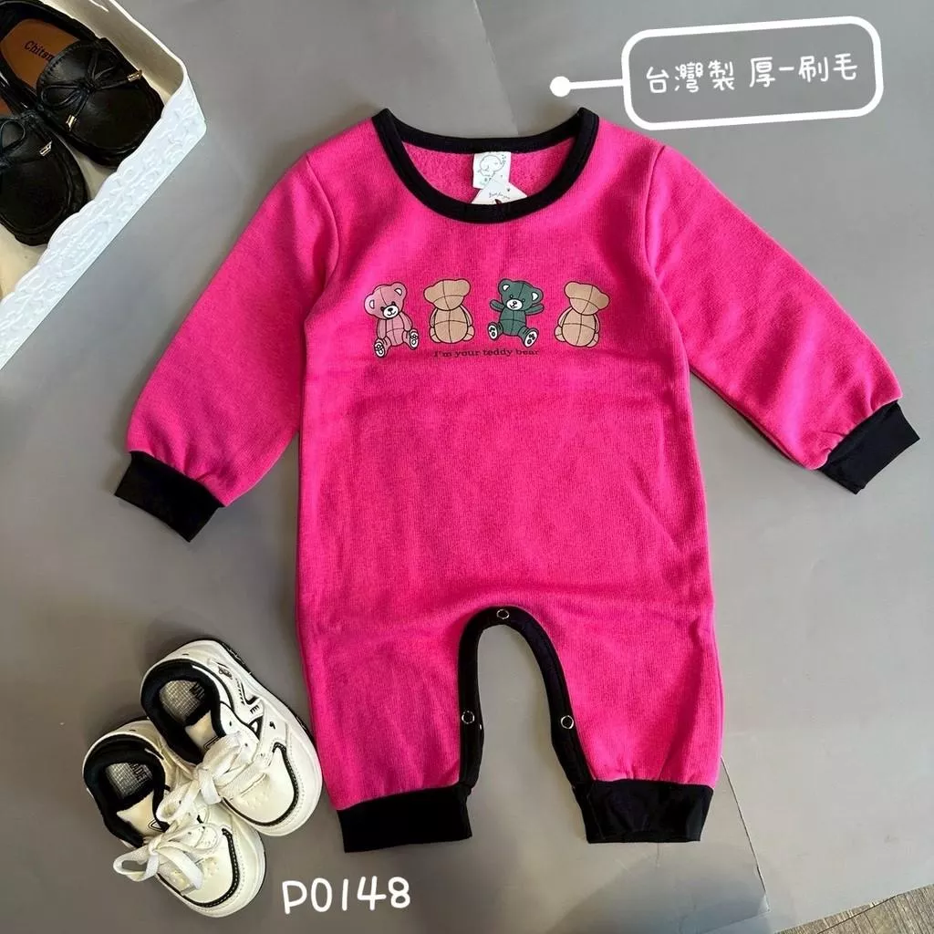 北屯實體店❤現貨 寶寶款 台灣製 厚-刷毛 玫紅熊熊長袖連身衣✩米米童著-P0148