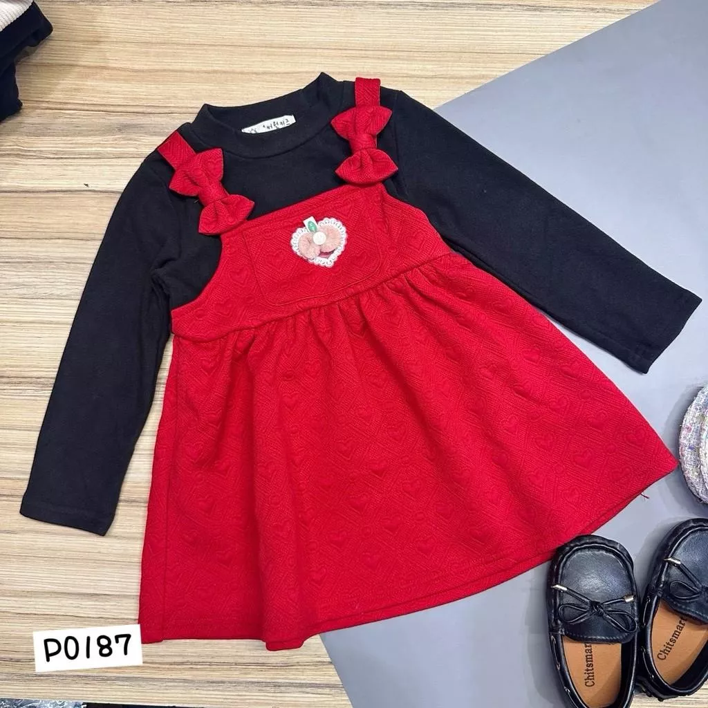 北屯實體店❤現貨 Q彈德絨 假兩件愛心印花長袖洋裝✩米米童著-P0187